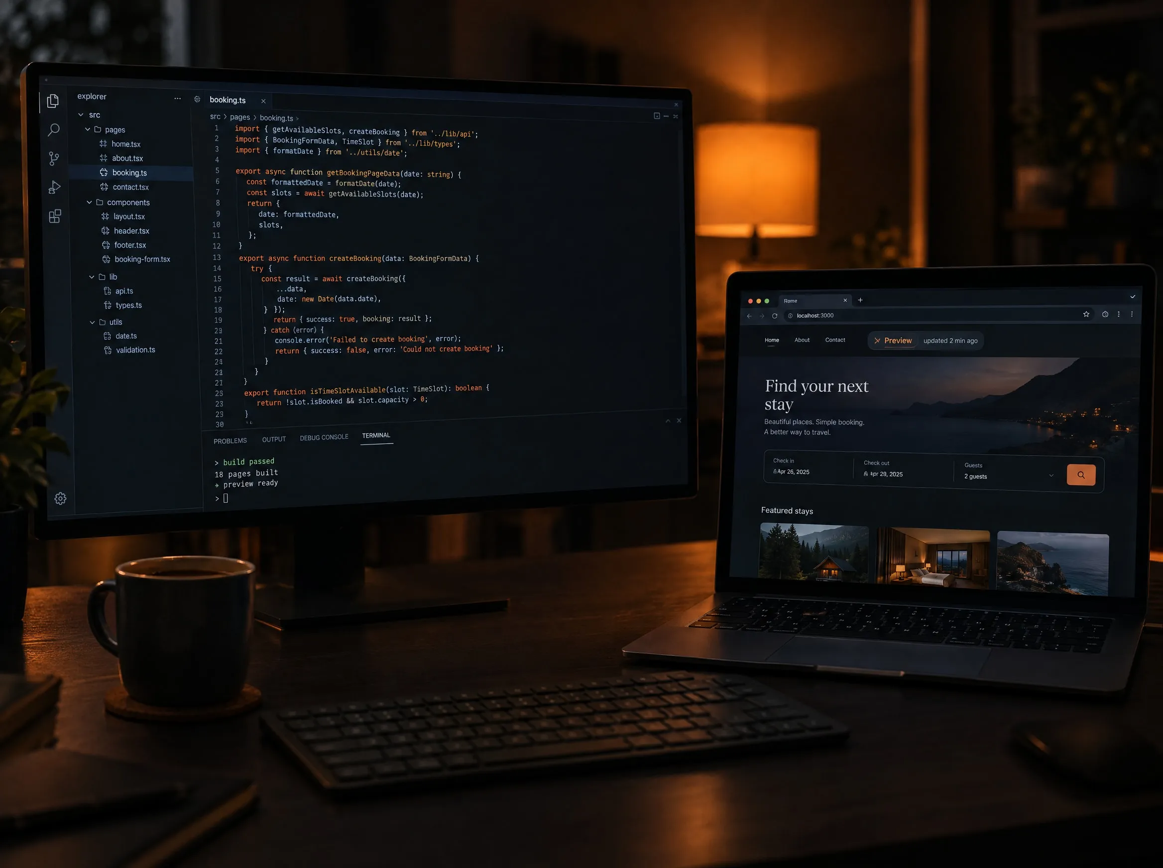 A code editor on one screen with a passed build in the terminal, and a live preview of the site on a laptop