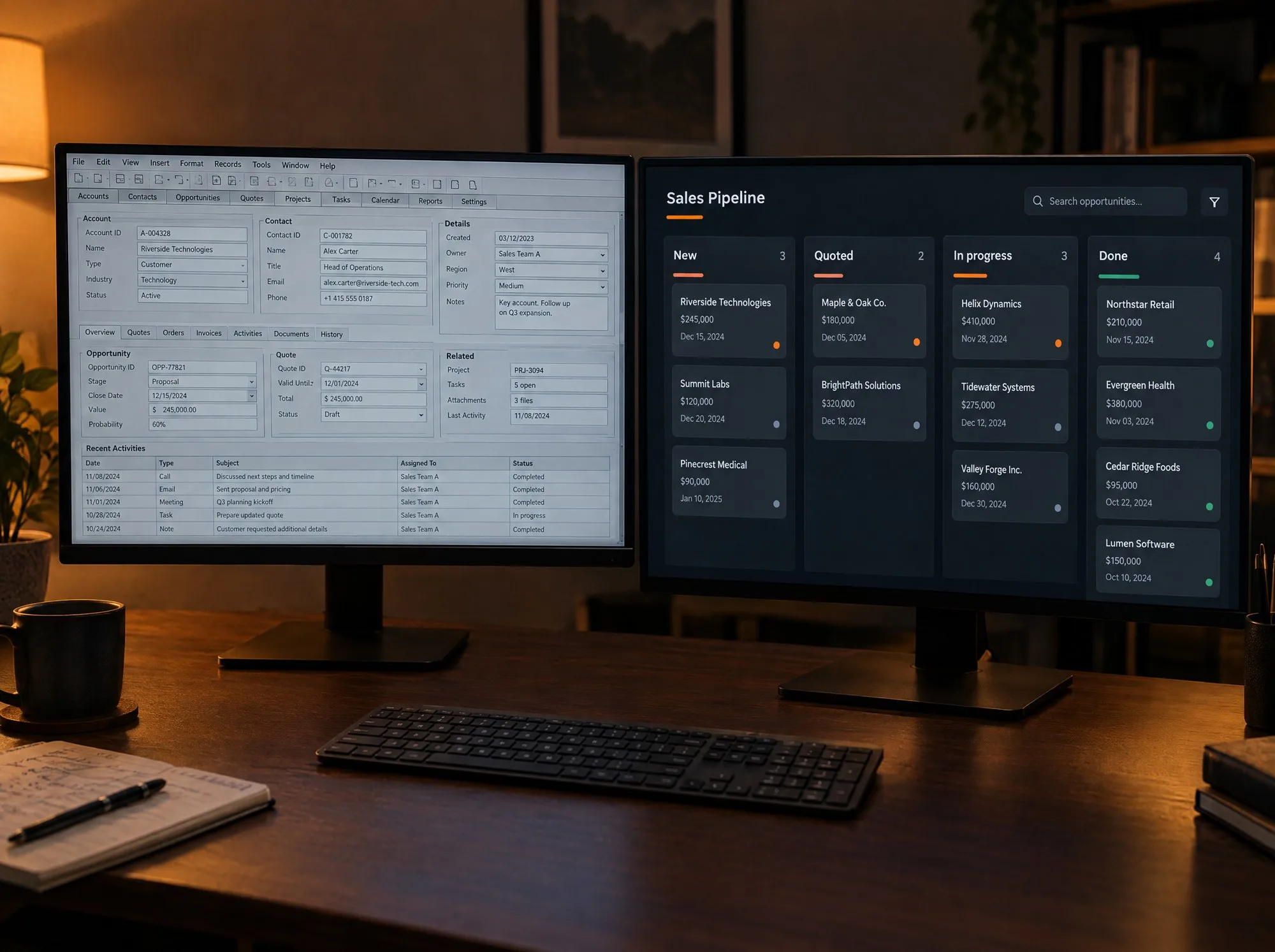 Two monitors side by side, one showing a cluttered generic CRM and one showing a clean sales pipeline board