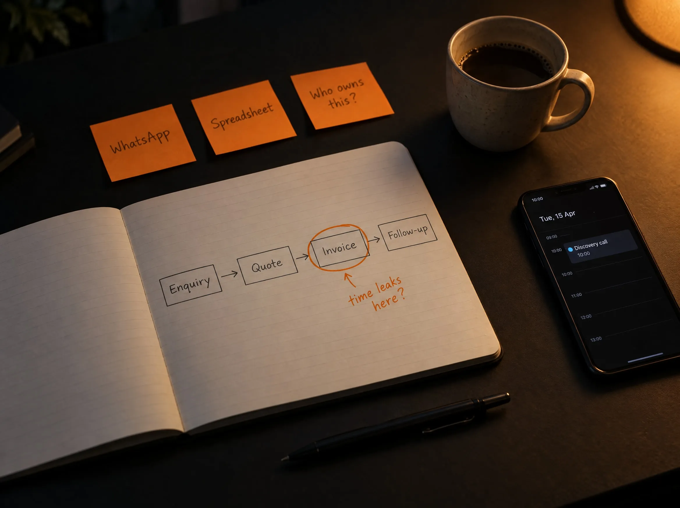 A notebook with a hand-drawn process map, one step circled, beside sticky notes and a phone showing a discovery call reminder