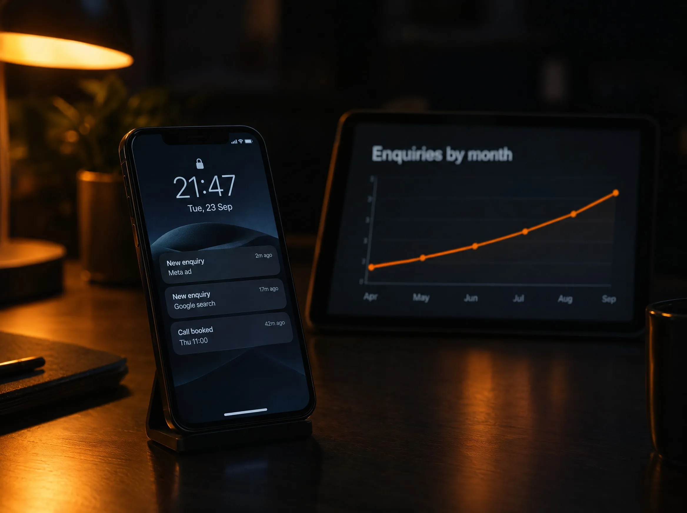A phone showing new enquiry notifications from ads, with a rising enquiries chart on a tablet behind it