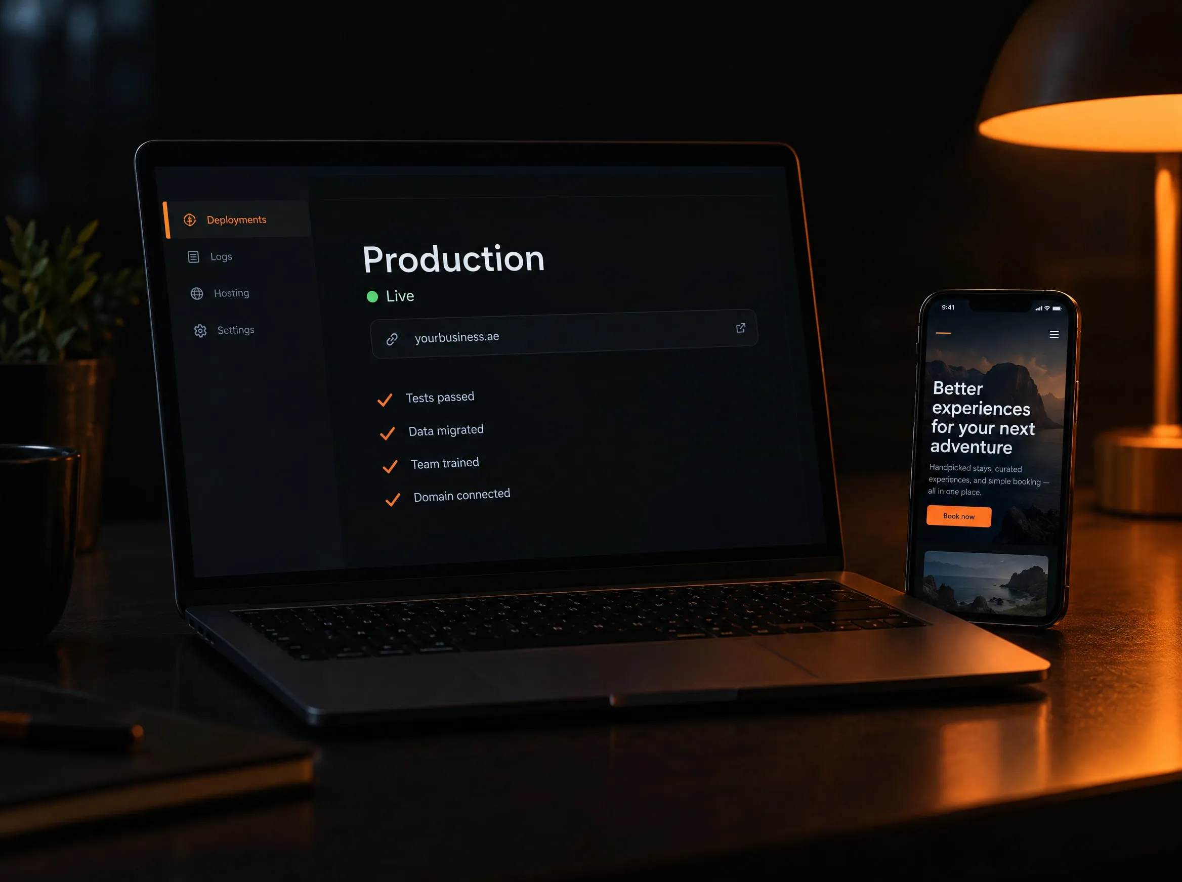 A laptop showing a site live in production with a launch checklist ticked off, beside a phone showing the finished site