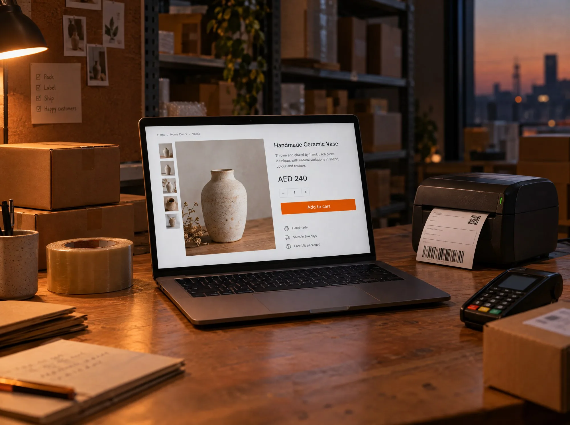 A laptop on a packing table showing an online store product page, surrounded by parcels, packing tape, a label printer and a card reader