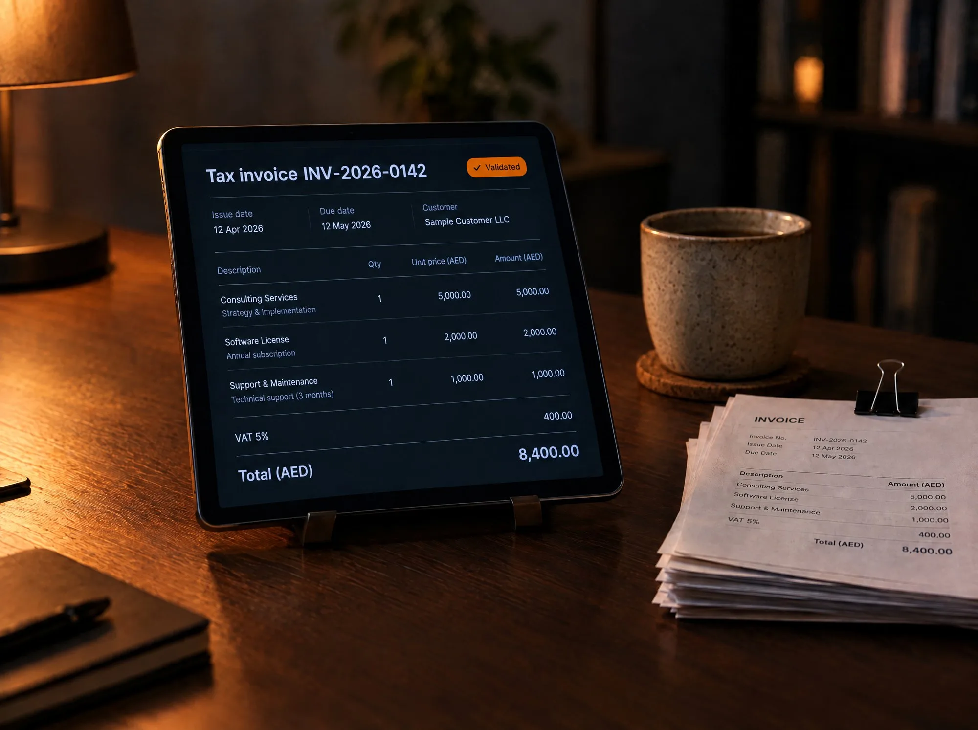 A tablet showing a validated digital tax invoice beside a stack of paper invoices held with a binder clip