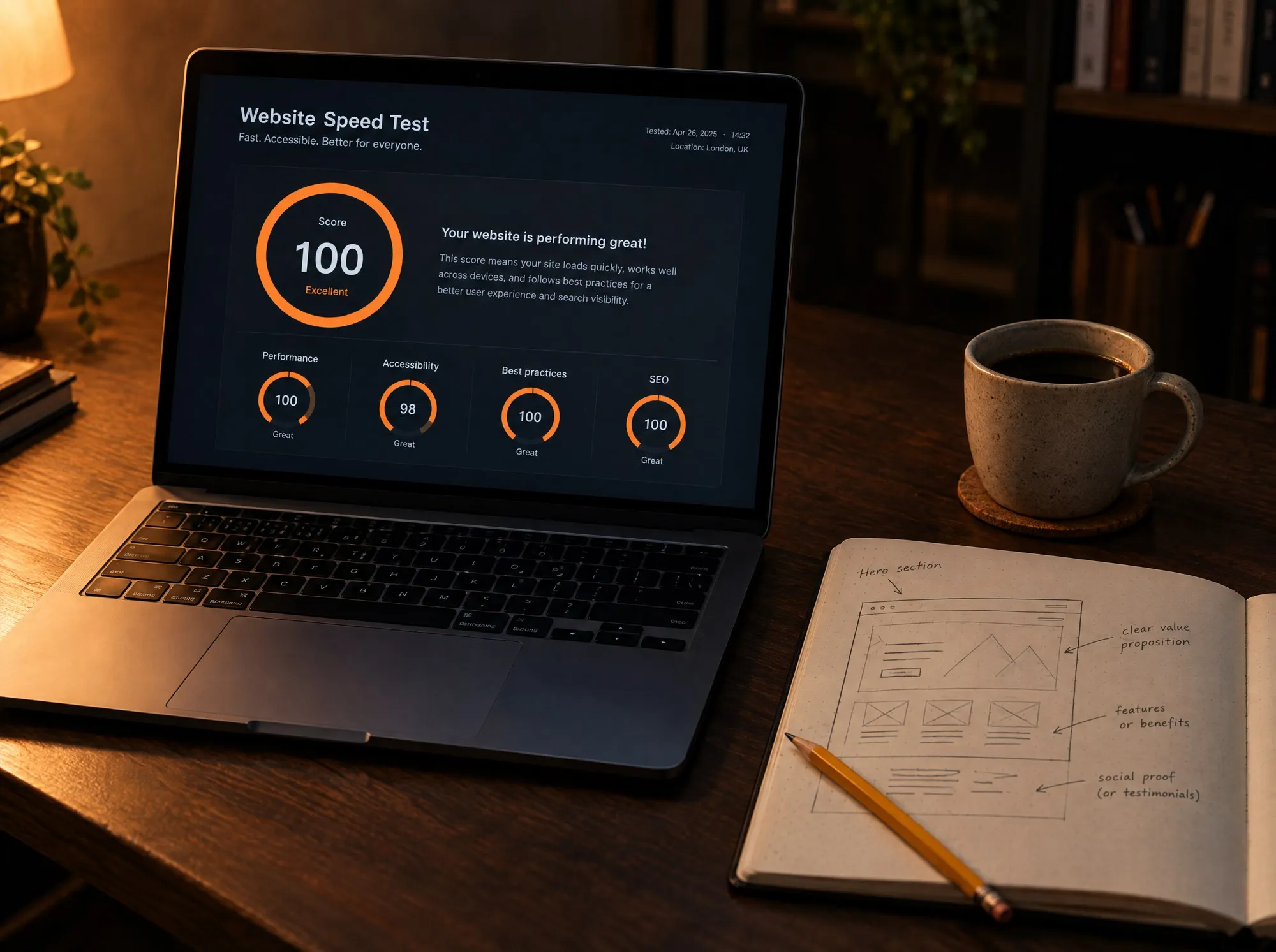 A laptop showing a website speed test with a score of 100, beside a notebook sketch of a page layout and a cup of coffee